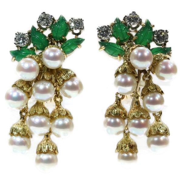 French estate gold and platinum diamond and pearl earrings with green leaves